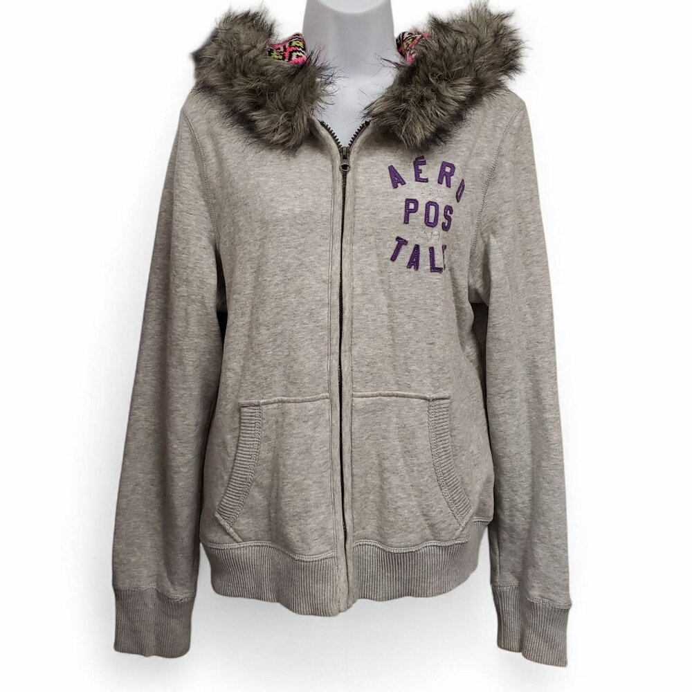 Aeropostale Eighty Seven Womens Gray Hoodie Jacket Faux Fur Trim Knit Size XL